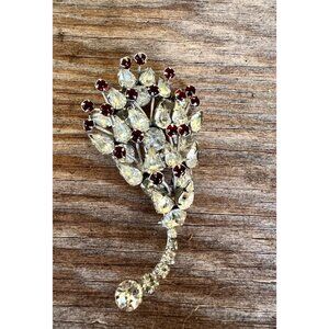 Vintage Rhinestone Floral Brooch Crystal  Ruby Red Stones Silver Tone Metal Pin
